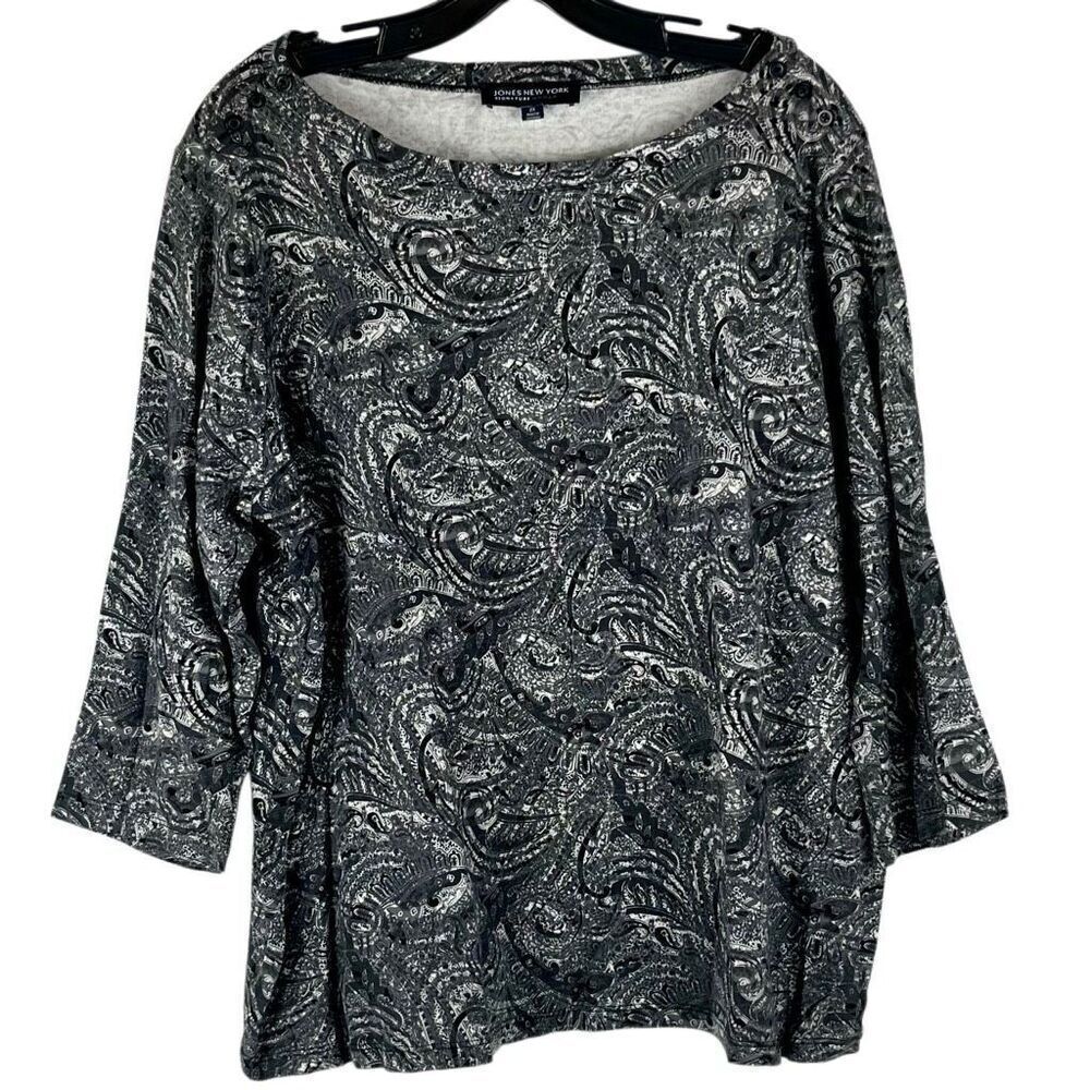 Jones New York Black White Paisley Three-quarter Sleeve Top 2X